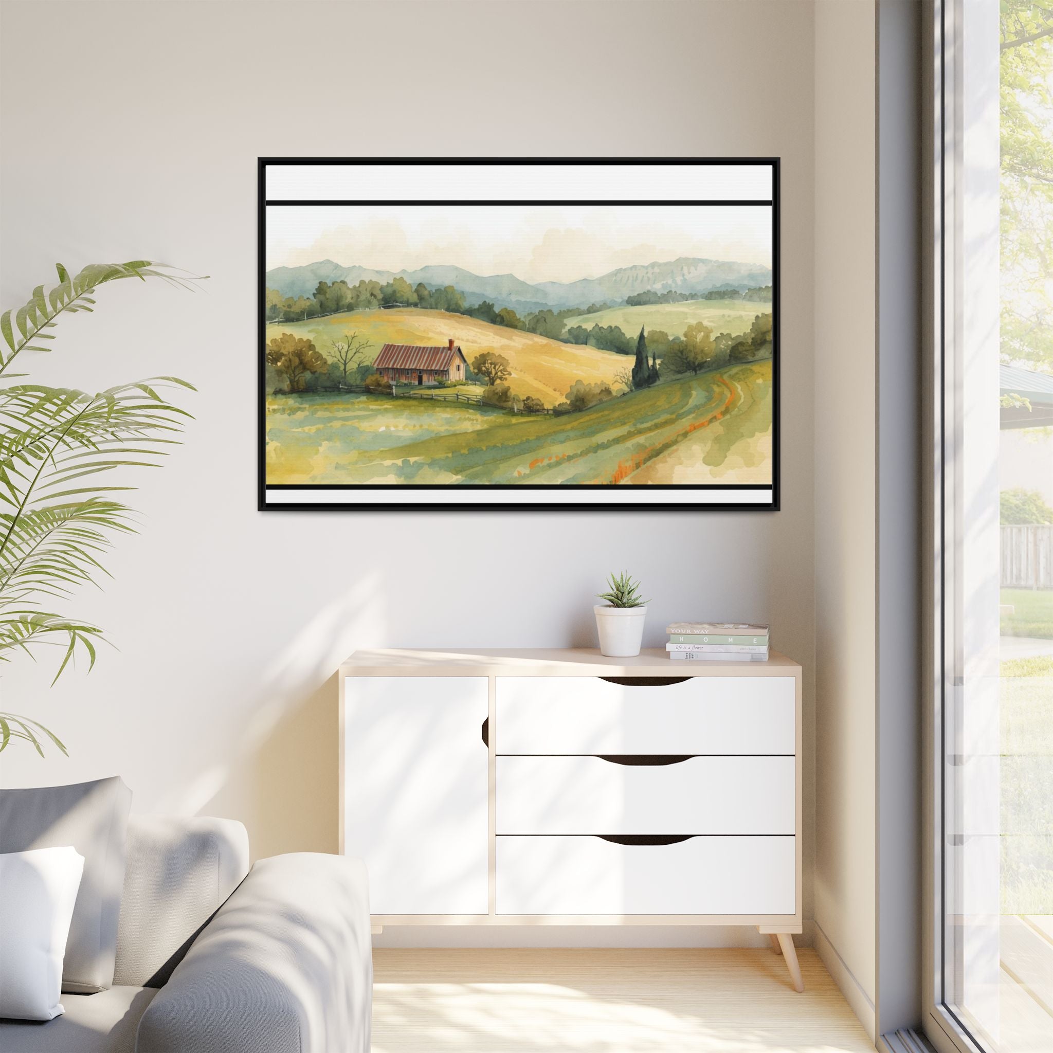 Framed Matte Canvas - Watercolor Country Landscape Wall Art