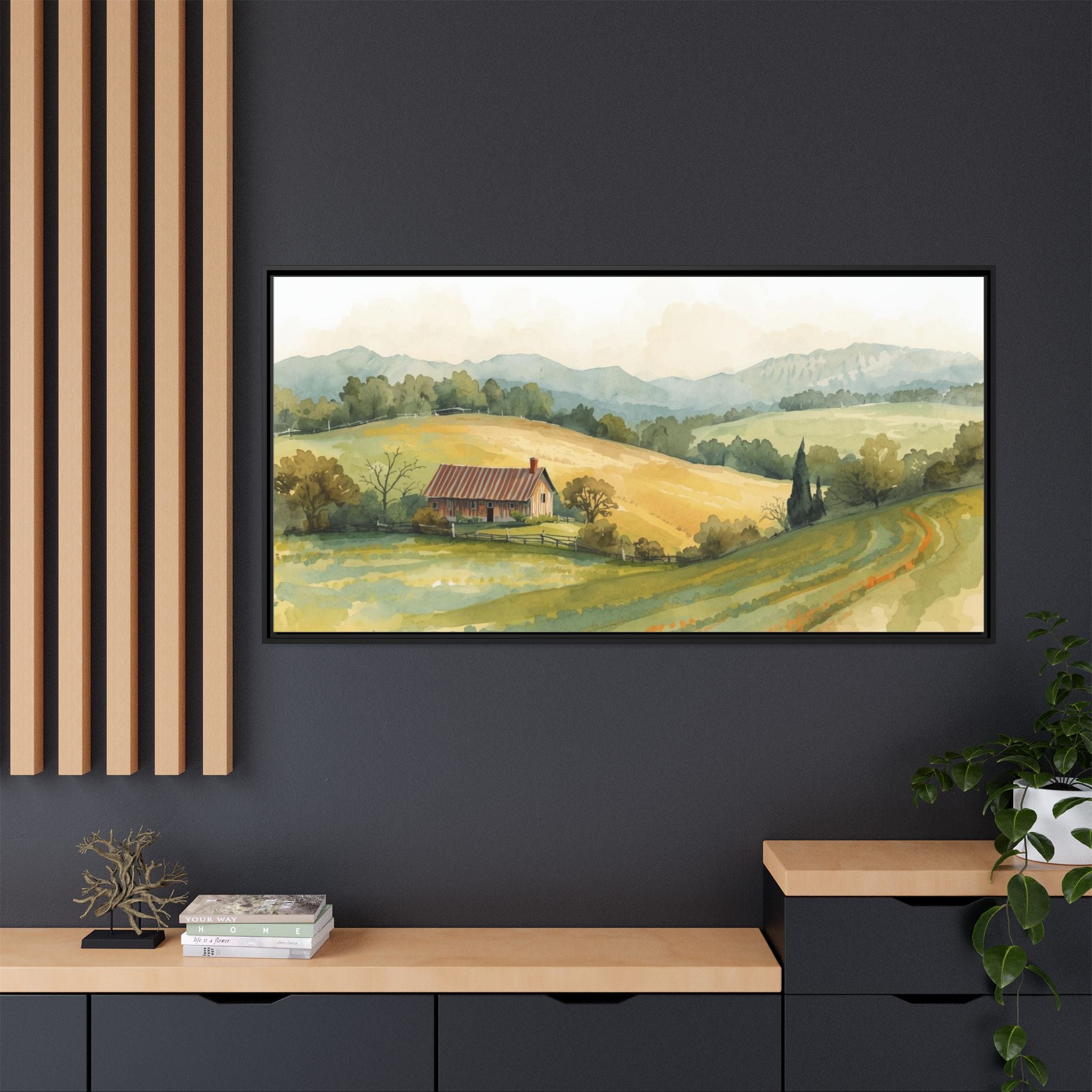 Framed Matte Canvas - Watercolor Country Landscape Wall Art
