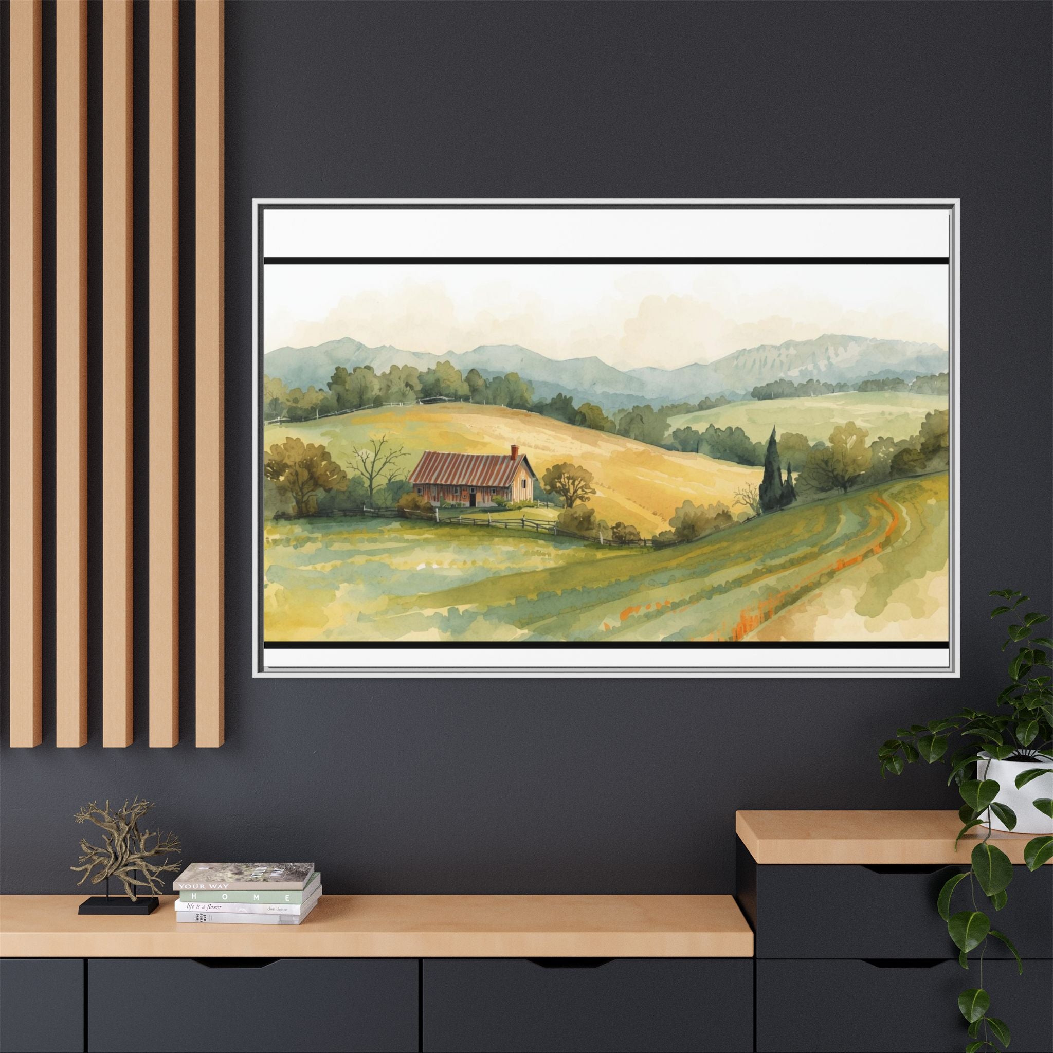 Framed Matte Canvas - Watercolor Country Landscape Wall Art