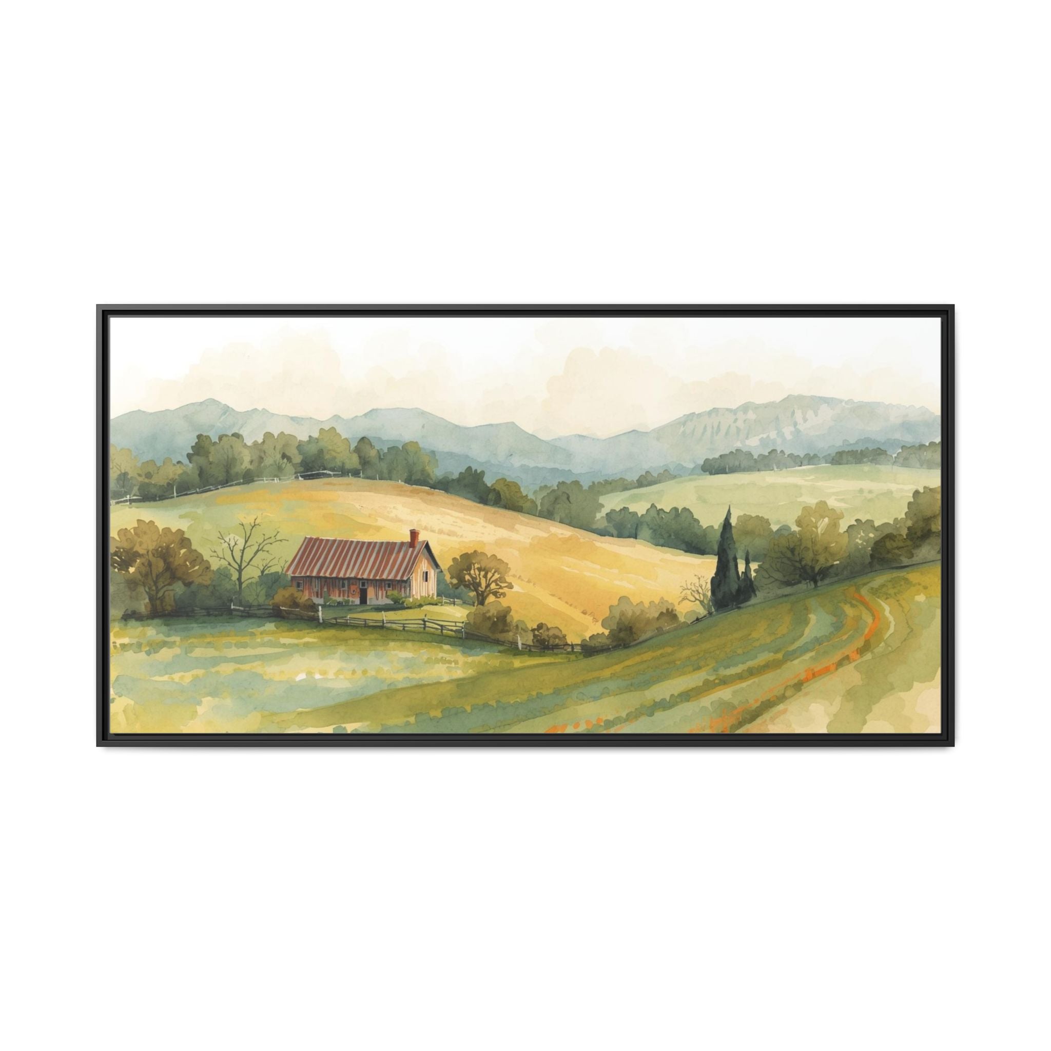 Framed Matte Canvas - Watercolor Country Landscape Wall Art