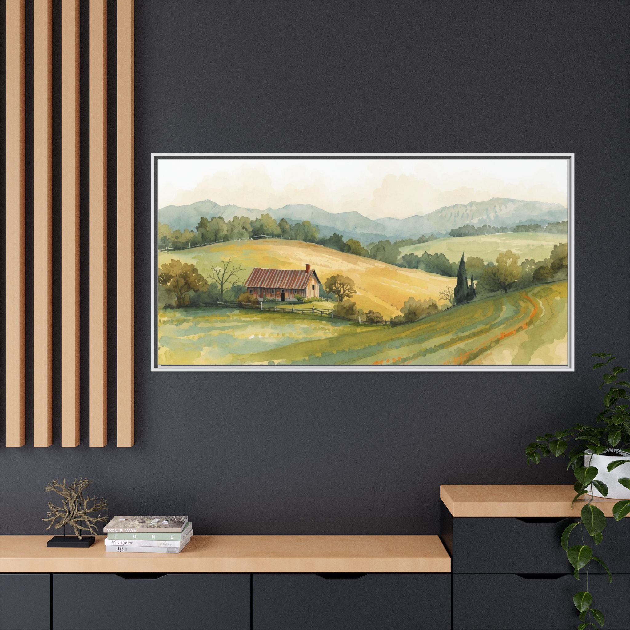 Framed Matte Canvas - Watercolor Country Landscape Wall Art