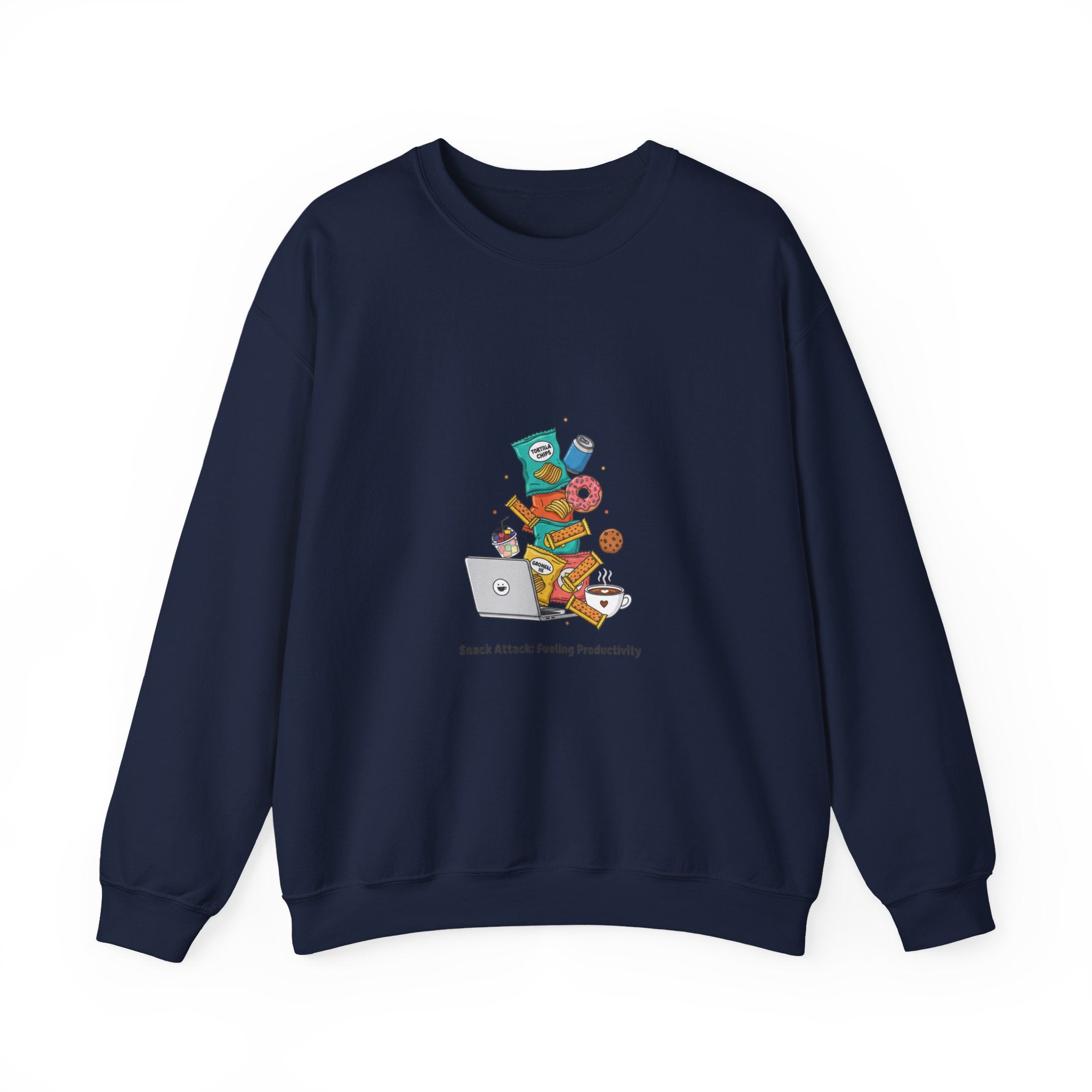 Snack Attack Laptop Stack Crewneck Sweatshirt | office humor, coffee fuel