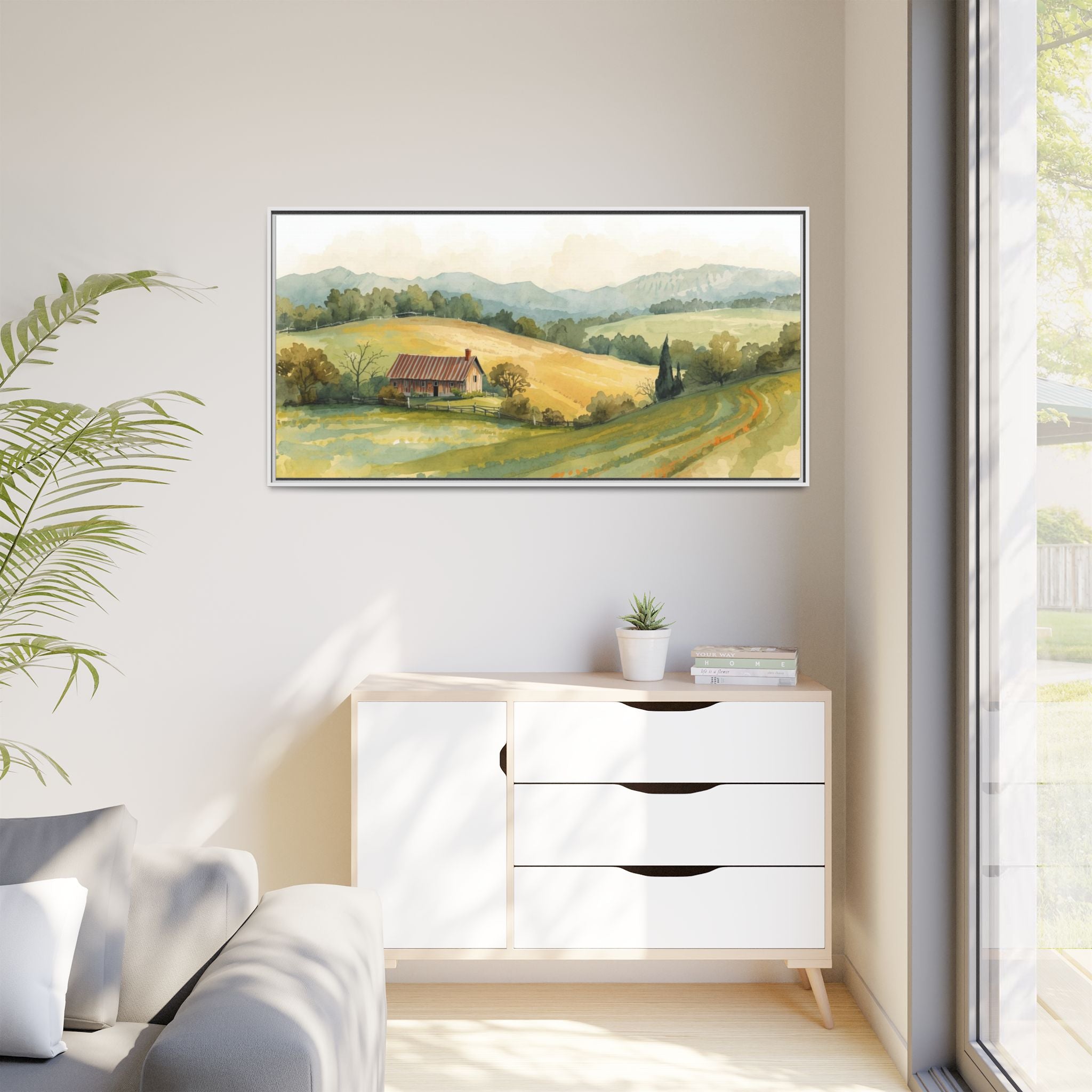 Framed Matte Canvas - Watercolor Country Landscape Wall Art