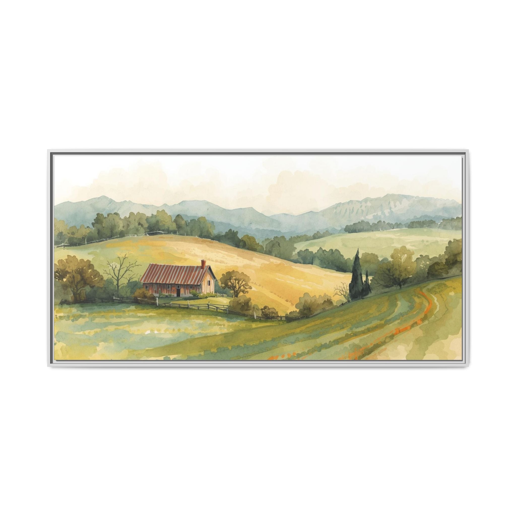 Framed Matte Canvas - Watercolor Country Landscape Wall Art