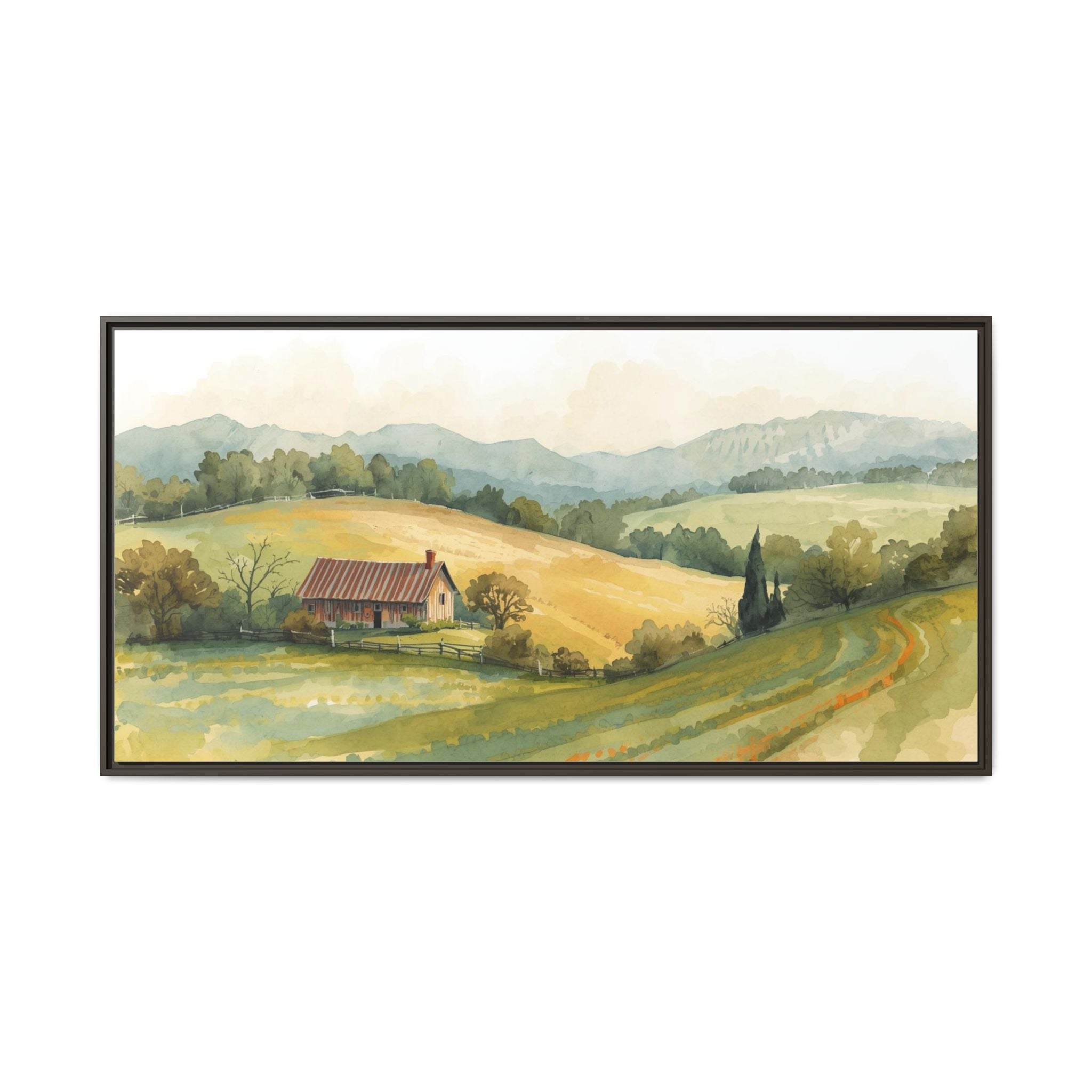Framed Matte Canvas - Watercolor Country Landscape Wall Art