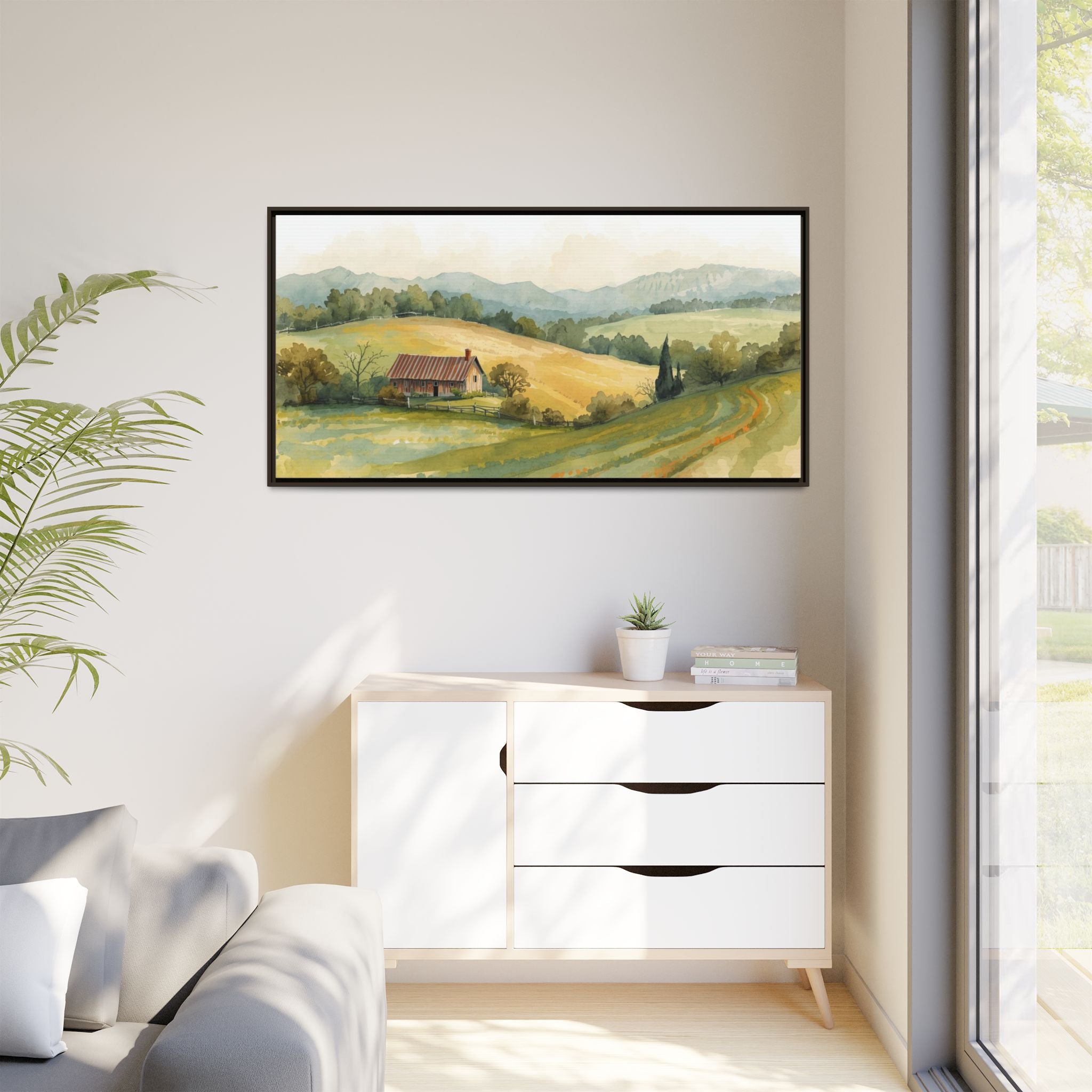 Framed Matte Canvas - Watercolor Country Landscape Wall Art