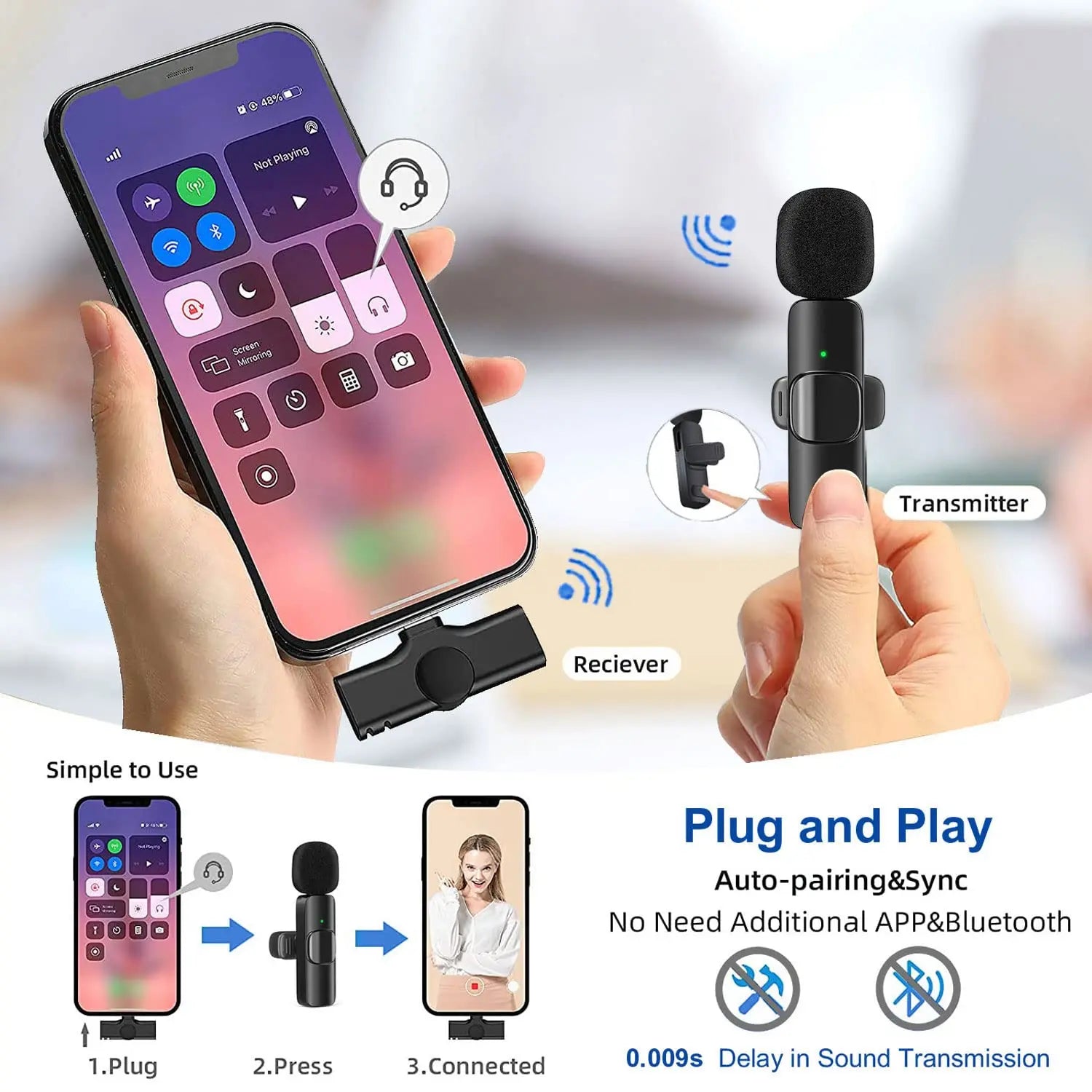 Wireless Microphone 2.4G Wireless Portable Audio Video Recording Mini Mic for iPhone Android Live Broadcast Gaming Phone