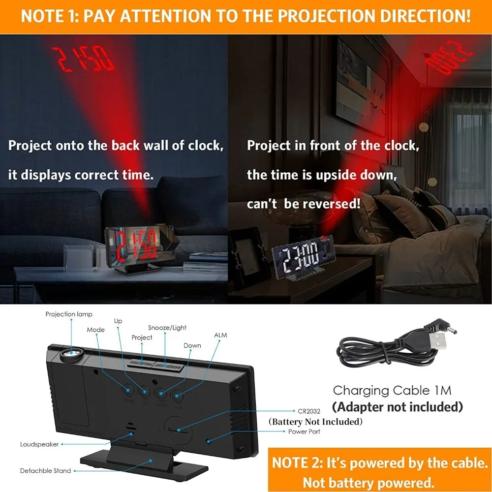 Digital Alarm Clock 180° USB Powered   Arm Projection Alarm Clock Time Temperature Snooze Table Clock 12/24H Projector LED Clock