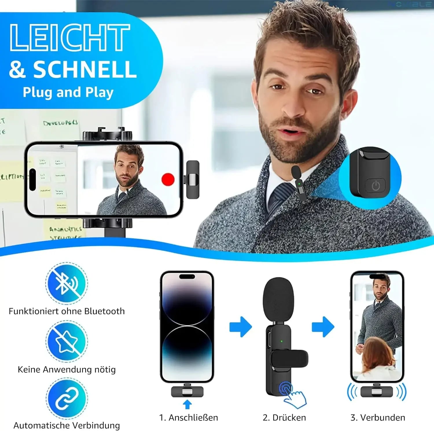 Wireless Microphone 2.4G Wireless Portable Audio Video Recording Mini Mic for iPhone Android Live Broadcast Gaming Phone