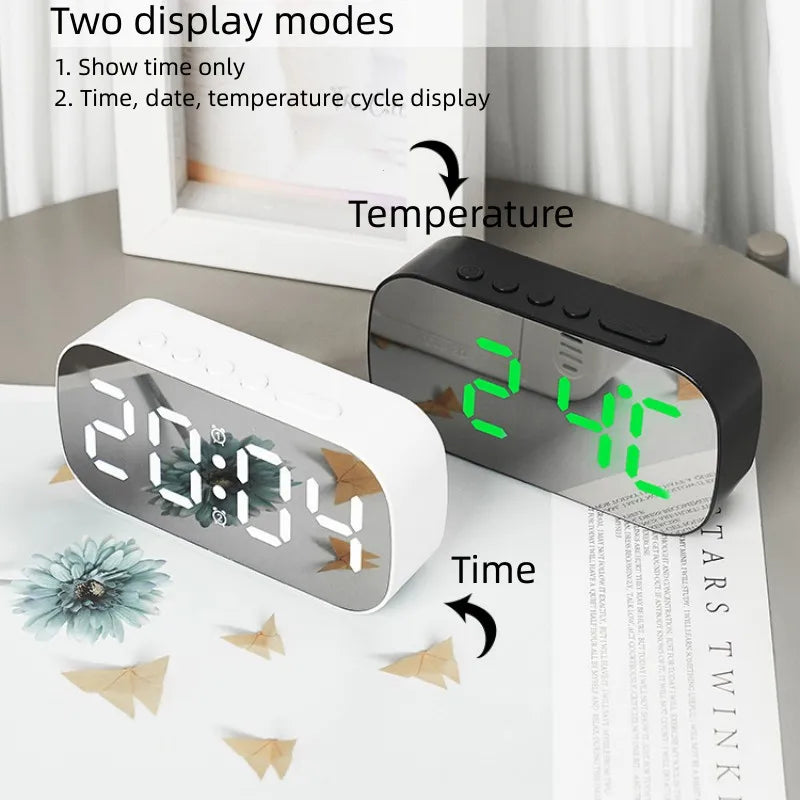 Digital Alarm Clock in Mirror  Temperature Date Display Night Mode Snooze Table Clock 5 Level Brightness Dual Alarm12/24H LED Clock