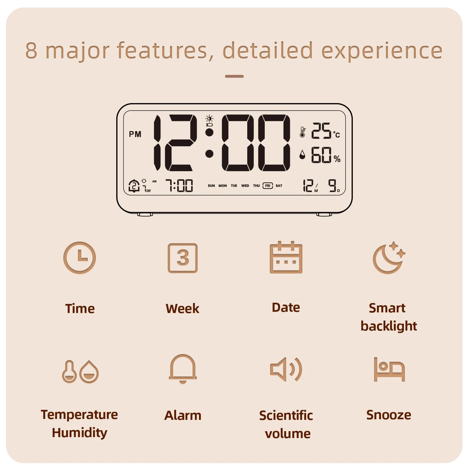Digital Clock 8001-EN Multifunctional  LED Brightness Adjustable Temperature Humidity Displaying Alarm Clock with Dual Alarms