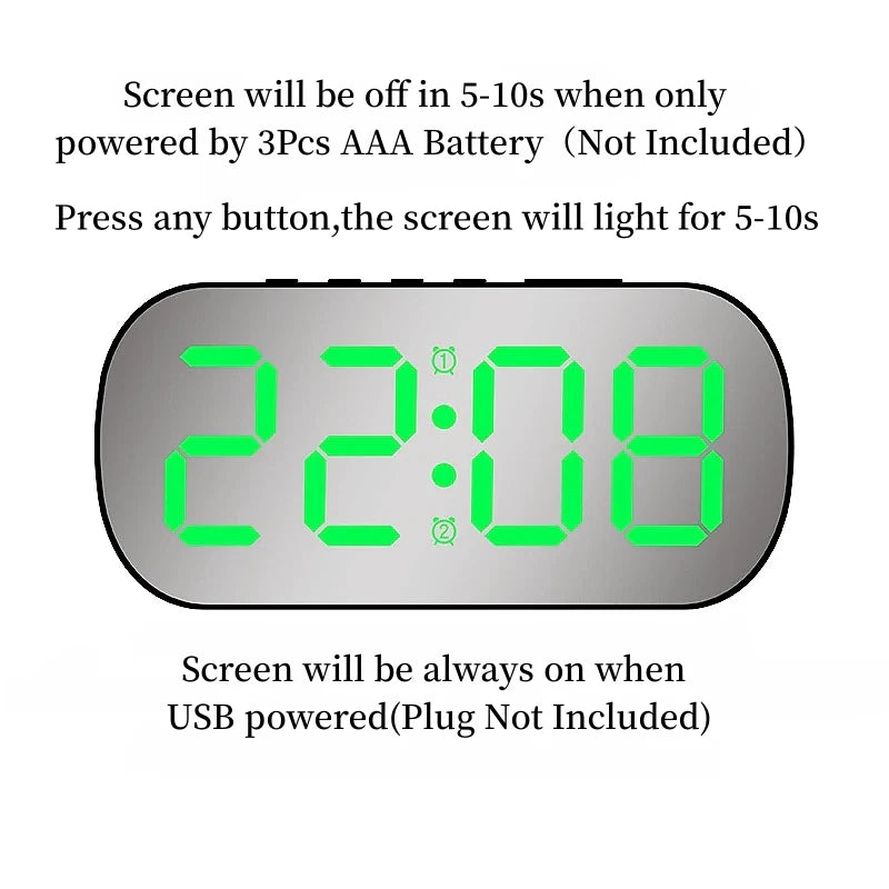 Digital Alarm Clock in Mirror  Temperature Date Display Night Mode Snooze Table Clock 5 Level Brightness Dual Alarm12/24H LED Clock