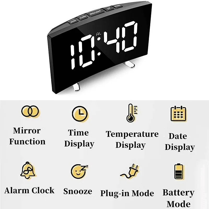 Mirror Digital Alarm Clock Temperature Date 2 Levels of Brightness Adjustment Snooze Table Clock 12/24H Night Mode LED Clock