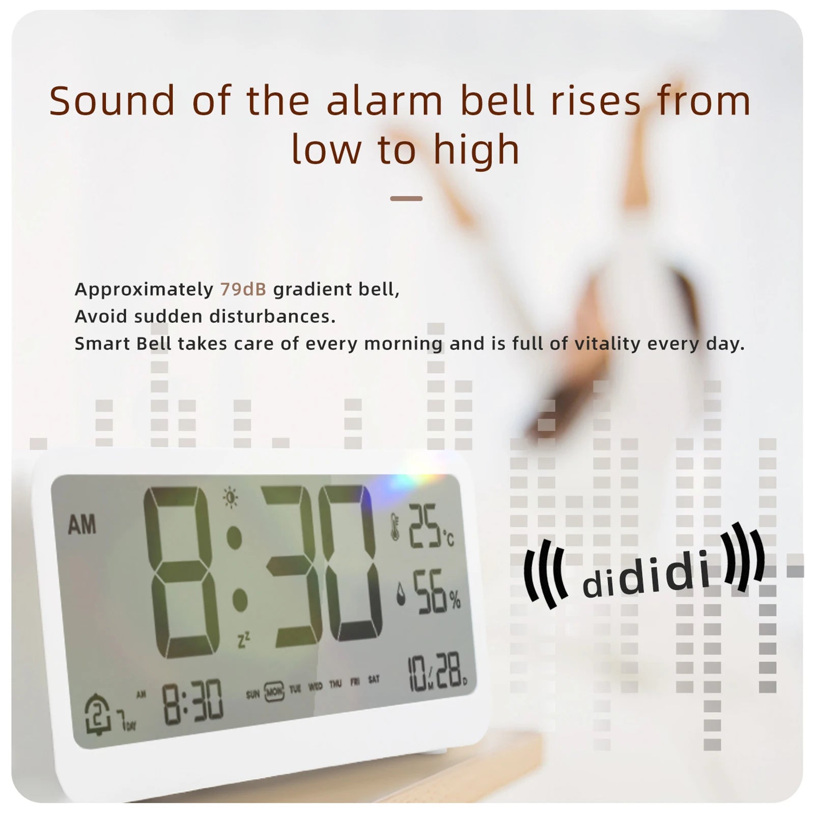 Digital Clock 8001-EN Multifunctional  LED Brightness Adjustable Temperature Humidity Displaying Alarm Clock with Dual Alarms